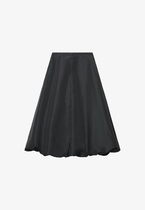 Schwarzer Satinsrock mit ausgestelltem Design, knielang, glatte Struktur, breiter Bund und ohne sichtbare Muster oder Verzierungen.