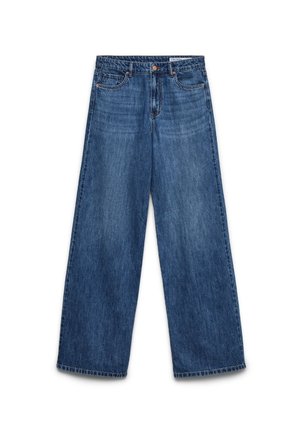 Jean en denim bleu à jambes larges avec poches avant, passants de ceinture, fermeture par bouton et fermeture éclair.
