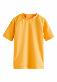 Krátky rukáv rash guard v jasnej žltej farbe, vyrobený z hladkej, elastickej tkaniny. Má okrúhly výstrih a ploché švy pre pohodlie.