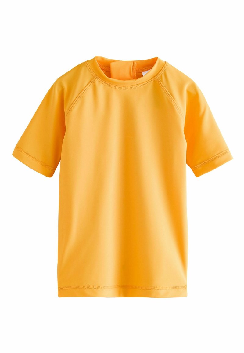 Krátky rukáv rash guard v jasnej žltej farbe, vyrobený z hladkej, elastickej tkaniny. Má okrúhly výstrih a ploché švy pre pohodlie.