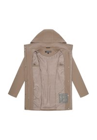 Tan weather-resistant jacket with a hood, featuring a smooth interior lining, snap buttons, and multiple interior pockets.