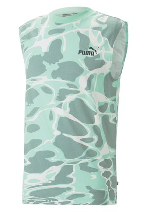 Mouwloze mintgroene tanktop met een abstract wit en grijs patroon, gemaakt van een zachte, ademende stof. PUMA-logo weergegeven.