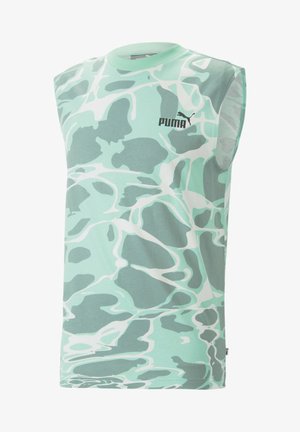 Débardeur graphique sans manches de couleur menthe avec un motif abstrait blanc et gris, fabriqué à partir d'un tissu doux et respirant. Logo PUMA affiché.