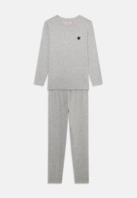 Gray long-sleeve top and pants set made of soft fabric. Top features a black star design on the chest. Smooth texture throughout.