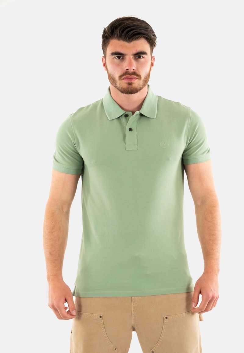 Camisa polo en verde claro, con un cuello y dos botones. Manga corta y un logo sutil en el pecho. Textura de tela suave.