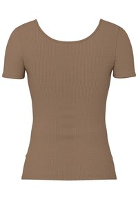 Smeđa kratkih rukava rebrasta pletena majica s širokim zaobljenim izrezom i prilagođenim krojem.