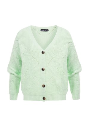 Lichtgroene grofgebreide cardigan met V-hals, vier bruine knopen en gestructureerde patronen op de mouwen en het lichaam.