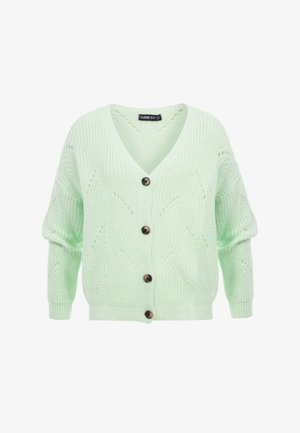 Hellgrüne grob gestrickte Strickjacke mit V-Ausschnitt, vier braunen Knöpfen und strukturierten Mustern an Ärmeln und Körper.