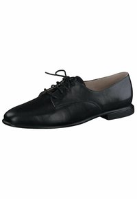 Scarpe da uomo in pelle nera con punta rotonda, design con lacci e tacco leggero. Texture liscia e minimi dettagli sui lati.