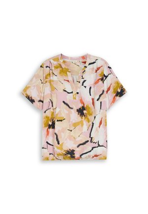 Blouse à manches courtes avec imprimé floral abstrait en rose, moutarde, noir et beige, dotée d'une encolure fendue avec deux boutons.