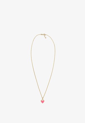 Collier en or avec une chaîne délicate et un petit pendentif en forme de cœur d'un rose vif avec un contour doré. Fermoir ajustable à l'arrière.
