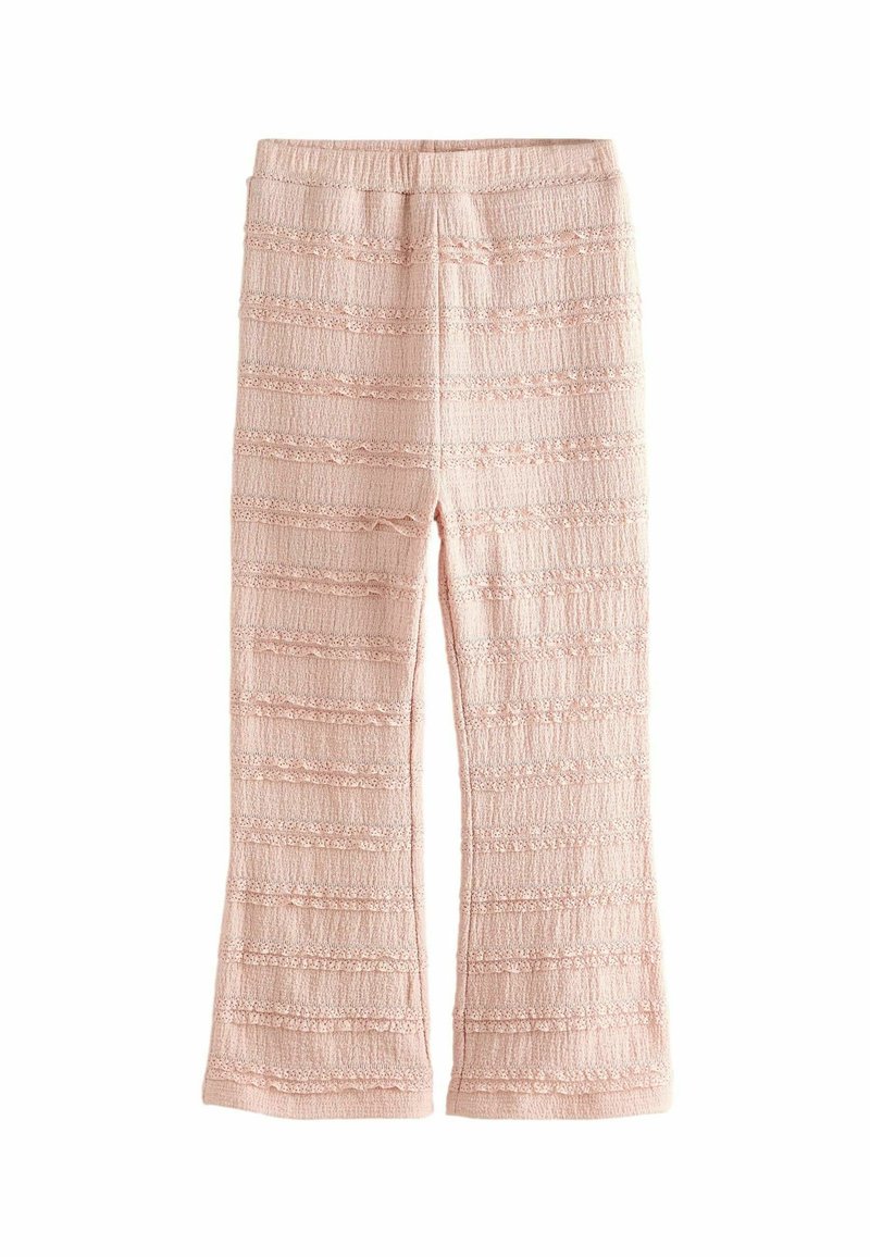 Helle rosa Leggings mit einem strukturierten, gerippten Muster und horizontalen Streifen. Elastischer Bund für mehr Komfort. Keine sichtbaren Beschläge oder Akzente.