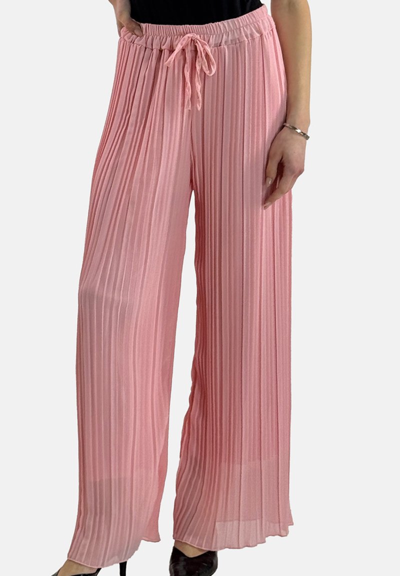 Rosa, plissierte Hosen mit weitem Bein und Kordelzug am Bund. Leichter Stoff mit glatter Textur, der vertikale Falten für zusätzliche Dimension aufweist.