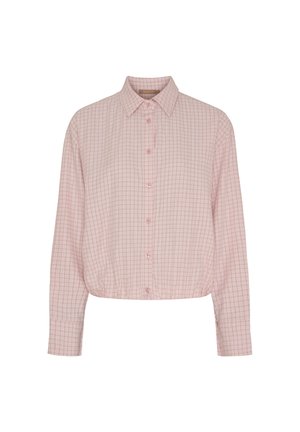 Lyserød, langærmet bluse med lille ternet mønster, knaplukning foran, klassisk krave og let rynket kant.