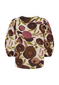 Blommig blus i krämfärg med murriga, gröna och bruna mönster. Har puffärmar och rund halsringning. Lättviktsmaterial.