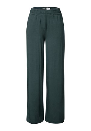 Dark green, wide-leg pants made of soft fabric. Features an elastic waistband and a relaxed fit. Simple, unadorned design.
