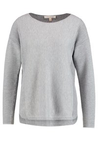 Grauer Pullover mit geripptem Muster an den Ärmeln, einem runden Ausschnitt und einem leicht geschwungenen Saum. Weiches Strickmaterial.