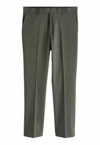 Green structured trousers with a straight leg design, featuring two front pockets and a single button closure. Smooth fabric with subtle texture.