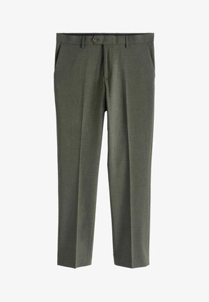Green structured trousers with a straight leg design, featuring two front pockets and a single button closure. Smooth fabric with subtle texture.