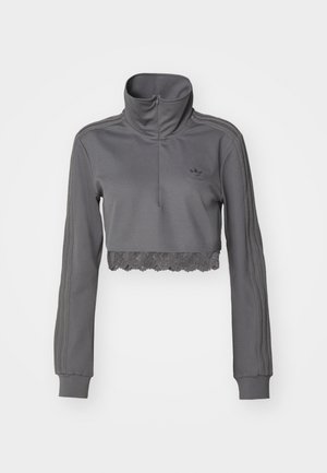 Gray cropped sweatshirt with high collar, lace trim at the hem, and three vertical stripes on each sleeve. Made from smooth fabric.