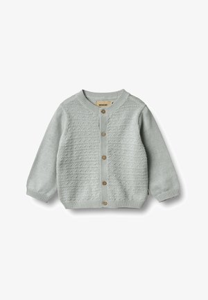 Cárdigan de bebé de punto gris claro con frontal texturizado, cuello redondo, botones de madera y puños y dobladillo acanalados.