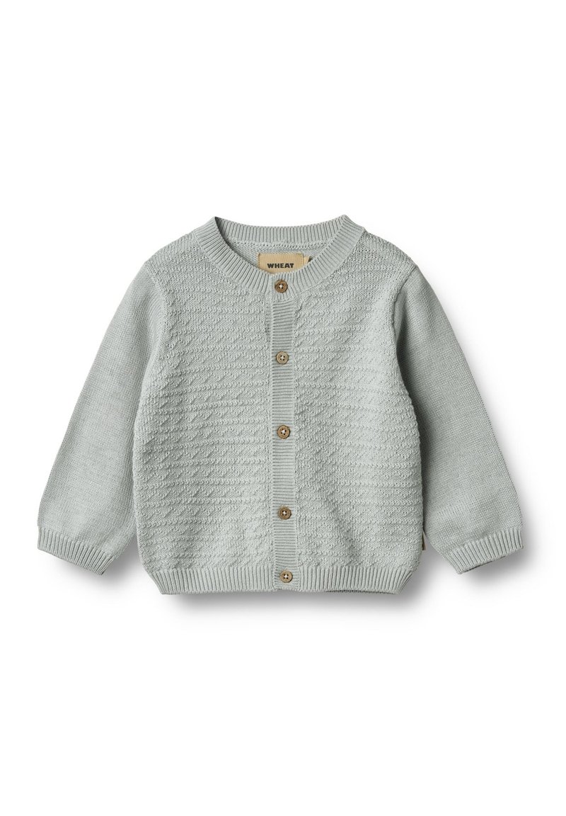 Cardigan per neonati grigio chiaro in maglia con frontale texturizzato, scollo rotondo, bottoni in legno e polsini e orlo a costine.