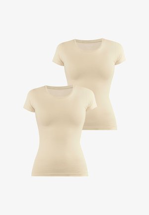 Zwei kurzärmelige T-Shirts in einem hellbeigen Farbton, mit Rundhalsausschnitt und einem glatten, dehnbaren Stoff. Einfaches Design ohne Muster.