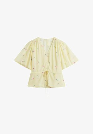 Bleekgele blouse met brede uitlopende mouwen, kleine bloemenprint, knoopsluiting aan de voorkant, V-hals en verstelbare taille met trekkoord.
