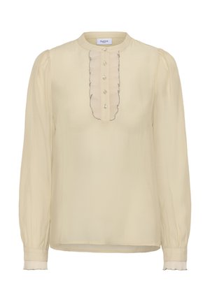 Beige blouse met lange mouwen en ronde halslijn, voor knoopsluiting met ruffles en licht gepofte schouders.