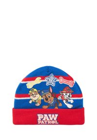 Cappellino lavorato a maglia con tessuto blu con strisce rosse e bianche, illustrazioni di quattro cani dei cartoni animati e logo "PAW PATROL" su banda rossa.