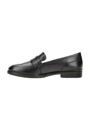 Mocassin slip-on en cuir noir avec talon bas, bout arrondi et un détail de lanière sur le côté supérieur.