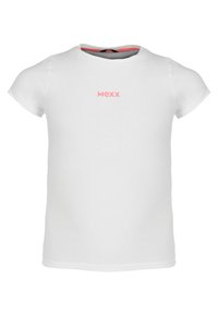 Bílý krátký rukáv tričko vyrobené z bavlny. Má kulatý výstřih a malé růžové logo "MEXX" uprostřed přední části. Jednoduchý design.