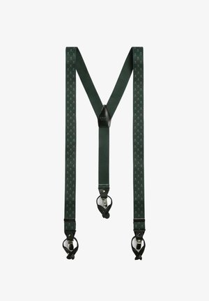 Grüne Stoffhosenträger mit dezentem Totenkopf-Muster, ausgestattet mit Lederakzenten und Metallclips zur Befestigung.