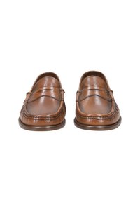 Brown leather loafers featuring a smooth texture, curved silhouette, and visible stitching detail along the upper. Flat, rounded sole.