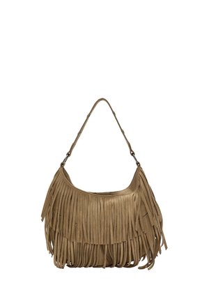Sac à bandoulière en daim marron avec des détails de franges superposées et une sangle réglable avec des fermoirs métalliques, conçu pour une utilisation décontractée.