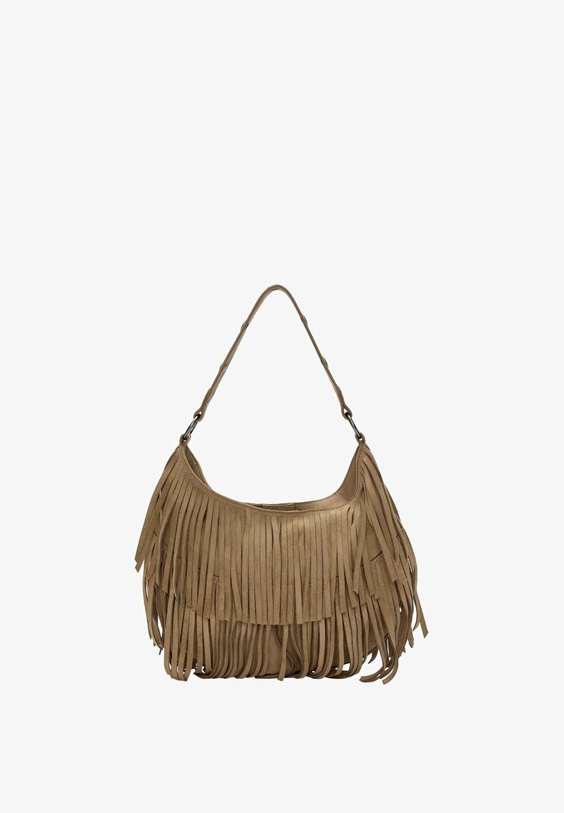 Sac à bandoulière en daim marron avec des détails de franges superposées et une sangle réglable avec des fermoirs métalliques, conçu pour une utilisation décontractée.