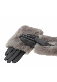 Szare rękawice podszyte futerkiem, z miękką zewnętrzną stroną, gładkim materiałem od wewnątrz oraz wyraźnym przeszyciem wzdłuż mankietów.