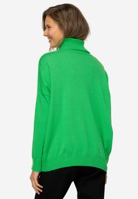 Maglione verde a collo alto, con una vestibilità ampia, orlo a costine e maniche lunghe; mostrato da dietro con una texture liscia.