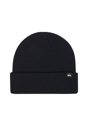 Black knit beanie with a folded hem. Features a textured pattern and a small logo patch on the side. Material is warm and stretchy.