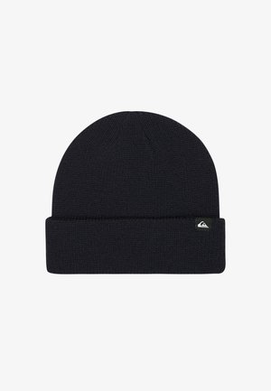 Schwarze Strickmütze mit umgeschlagenem Saum. Sie verfügt über ein strukturiertes Muster und ein kleines Logo-Patch an der Seite. Das Material ist warm und dehnbar.