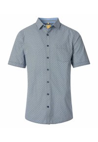 Korte mouwen shirt in lichtblauw, met een geometrisch patroon, knopen aan de voorkant en een zak. Soepele stof met een subtiele textuur.