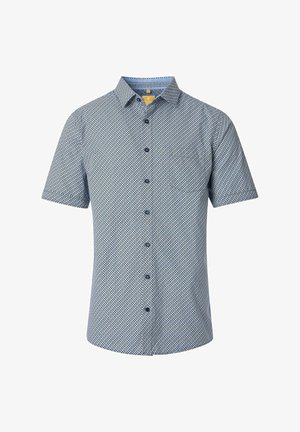 Kurzarmhemd in Hellblau, mit geometrischem Muster, Knopfleiste und Tasche. Glattes Material mit subtiler Textur.