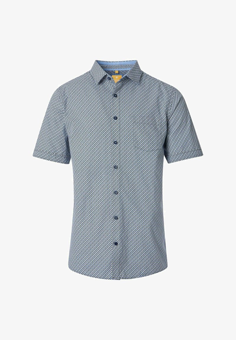 Korte mouwen shirt in lichtblauw, met een geometrisch patroon, knopen aan de voorkant en een zak. Soepele stof met een subtiele textuur.