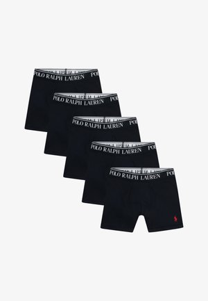 Conjunto de boxers pretos, com uma cintura elástica com o texto "POLO RALPH LAUREN" e um pequeno logótipo na parte da frente. Inclui cinco peças.