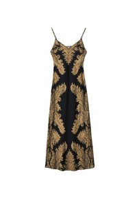 Sort kjole med detaljeret guld paisley mønster, spaghetti stropper og en flydende silhuet. Glat tekstur og knælangt design.