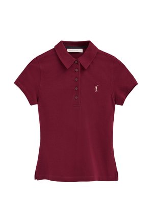 Polo a maniche corte color bordeaux con cinque bottoni e piccolo logo di golfista ricamato sul petto a sinistra.