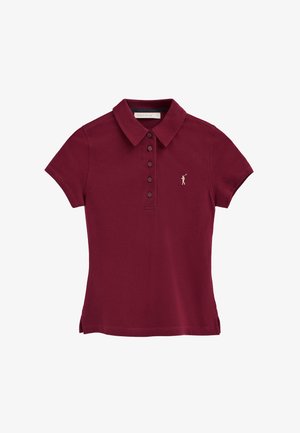 Bordowa koszulka polo z krótkim rękawem, pięcioma guzikami i małym haftowanym logo golfisty na lewej piersi.