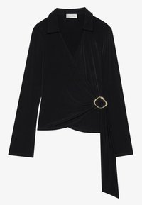 Black long-sleeve wrap top with a collar, featuring a decorative golden buckle at the waist and soft, smooth texture.
