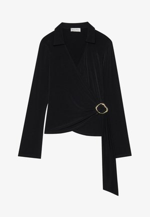 Black long-sleeve wrap top with a collar, featuring a decorative golden buckle at the waist and soft, smooth texture.