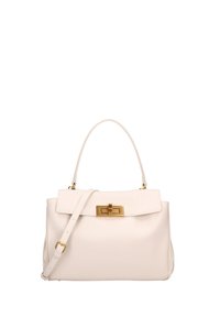Borsa a mano in pelle bianca con accessori in oro, forma strutturata, manico superiore e tracolla removibile. Presenta una chiusura a pattina con morsa.